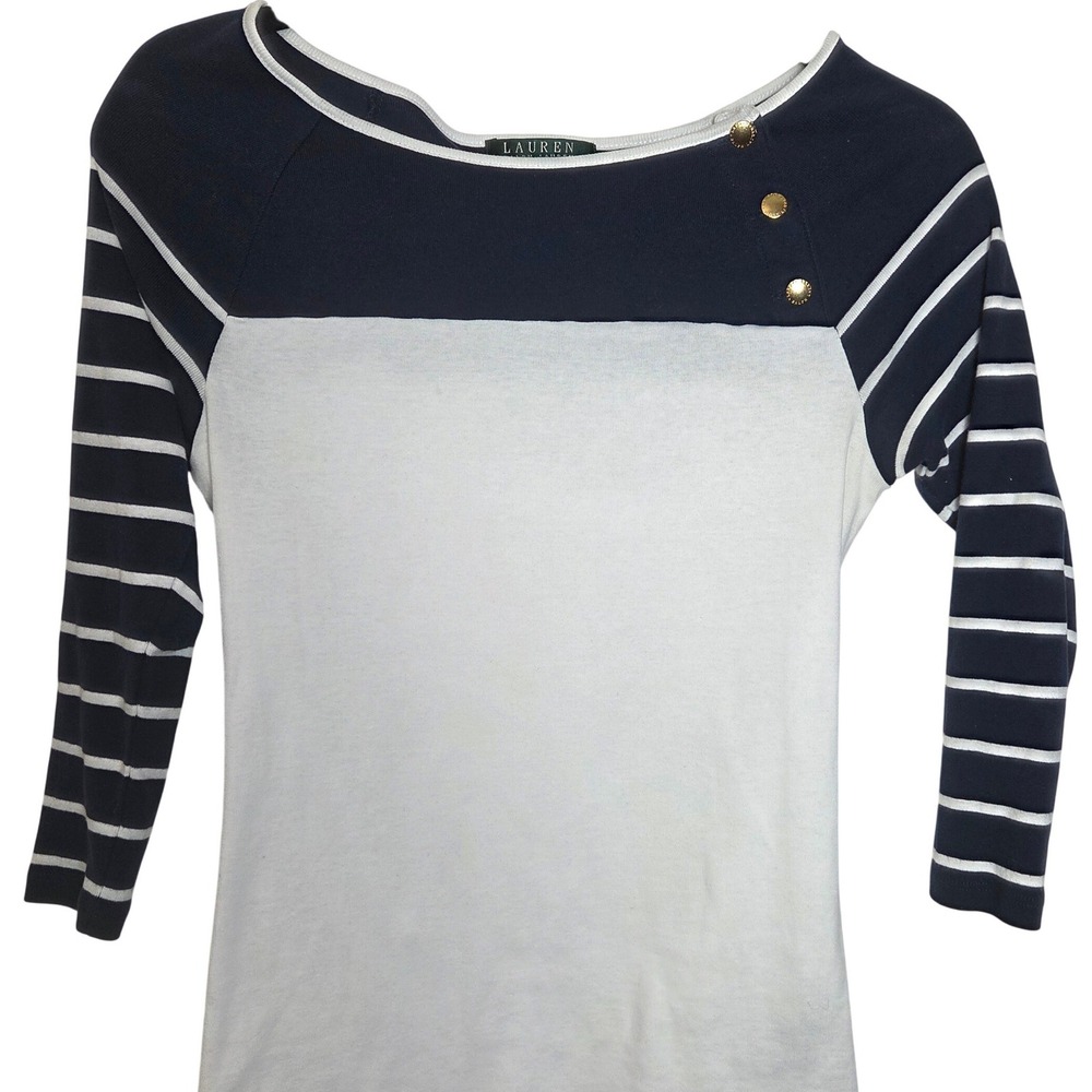 Lauren Ralph Lauren Nautical Top Boatneck Stripe Gold Button Shoulder S